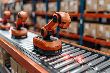 Automated robots working on a conveyor belt in a warehouse during the day