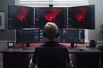 A young person monitors data on multiple screens in a modern home workspace during evening hours