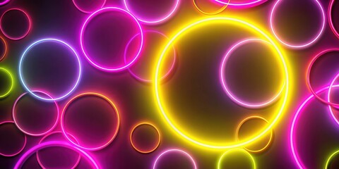 Vibrant neon yellow and pink circles overlapping on a dark background, neon, circle, bright, colorful, abstract, vibrant, geometric
