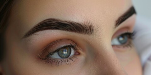 Woman demonstrating her newly applied permanent eyebrow makeup results, following the second session within a month that included touch-ups.