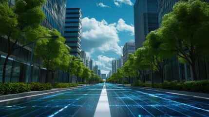 Futuristic City Street with Digital Overlay and Modern Skyscrapers on a Sunny Day with Blue Sky and Clouds