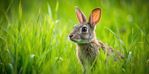 Fototapeta premium Rabbit camouflaged in tall green grass, rabbit, nature, wildlife, animal, outdoor, fluffy, cute, camouflage, hidden, field, meadow