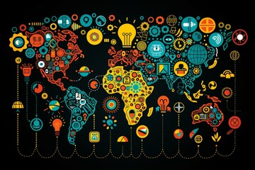 Obraz premium Colorful world map illustrating technology, ideas, and innovation across different regions