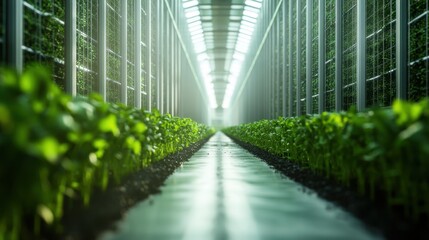 Modern Indoor Vertical Farm with Lush Green Plants and Advanced LED Lighting for Sustainable Agriculture