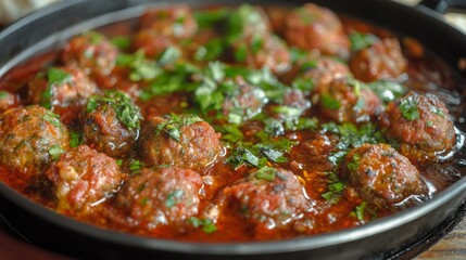 Fototapeta premium Close-up of a pan of savory meatball stew with a bright red sauce and fresh herbs.