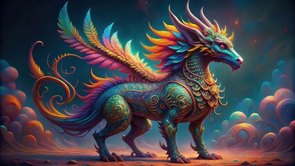 Ancient rare animal resembling a mythical creature with vibrant colors and intricate patterns, Rare, Ancient, Animal