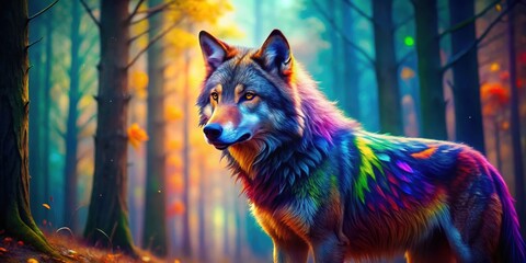 Vibrant and colorful wolf standing in a forest , colorful, wolf, vibrant, wildlife, animal, predator, nature, forest