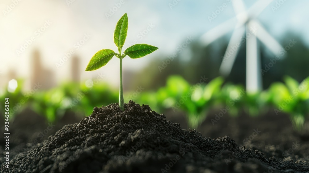 Wall mural Young Plant Growing in Soil with Wind Turbines in Background Symbolizing Renewable Energy and Sustainable Agriculture