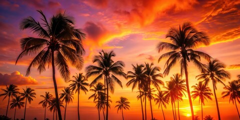 Tropical sunset with vibrant shades of orange and pink, featuring palm trees , sunset, tropical, vibrant, orange, pink, palm trees