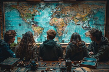 Group of friends studying a world map in a cozy room during an evening gathering