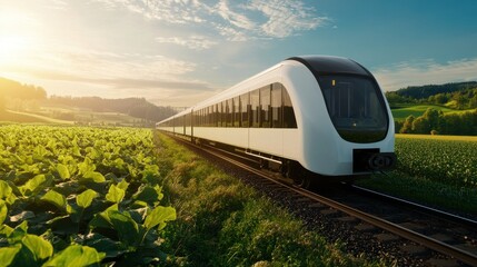 Naklejka premium Modern High-Speed Train Traveling Through Scenic Countryside at Sunset with Lush Green Fields