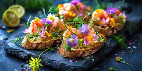 Scandinavian Delicacy Smorrebrod Butter Bread with Prawns Chives Dill Lemon and Edible Flowers