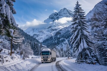 Winter truck driving through snow-covered mountains in a serene landscape