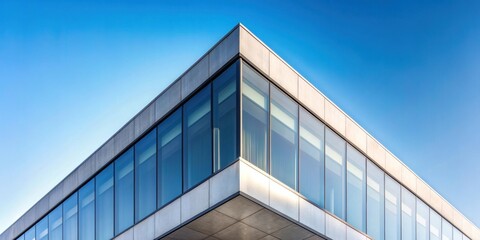 Fototapeta premium Minimalist corner of modern glass and concrete building against clear sky, architecture, urban, contemporary, facade
