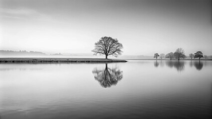 Fototapeta premium Minimalist black and white photograph of a serene early morning landscape, minimalist, morning, serene, peaceful, tranquil