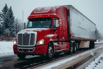 Red truck driving on a snowy road in winter near pine trees