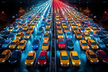 Obraz premium Traffic jam with vibrant colored cars on a city road at night