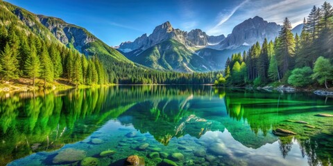 Fototapeta premium Lush green forest reflecting in crystal-clear lake surrounded by towering mountains , Canadian wilderness, British Columbia