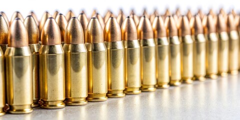 Stock photo of bullets lined up in perfect rows on a white background, bullets, rows, precision, ammunition, arrangement