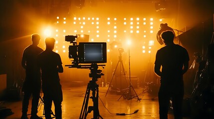 Film Crew on a Set with Warm Lighting