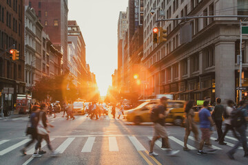 Busy intersection is crowded with people and cars at 5th Avenue and 23rd Street in New York City with sunset background