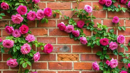 Pink roses climbing on red brick wall, showcasing resilience and beauty, roses, pink, climbing, red brick, wall, resilience