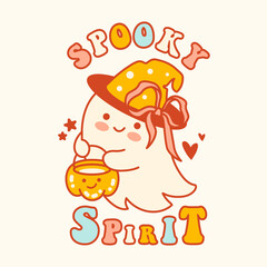 Adorable print with witchy ghost holding a pumpkin shaped pan with phrase 