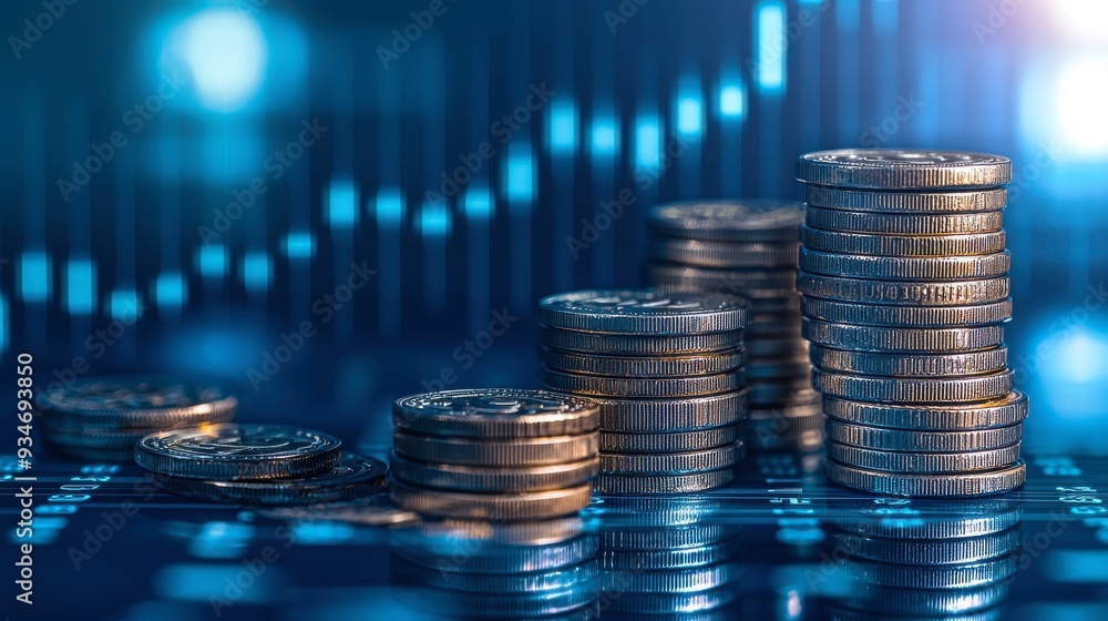 Poster a stack of coins on a blue background with a line graph