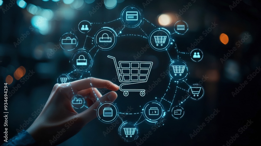 Poster a hand is pointing to a shopping cart in a circle of icons