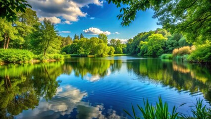 Fototapeta premium Tranquil lake surrounded by lush greenery, serenity, peaceful, calm, nature, reflection, serene, water, peacefulness, quiet