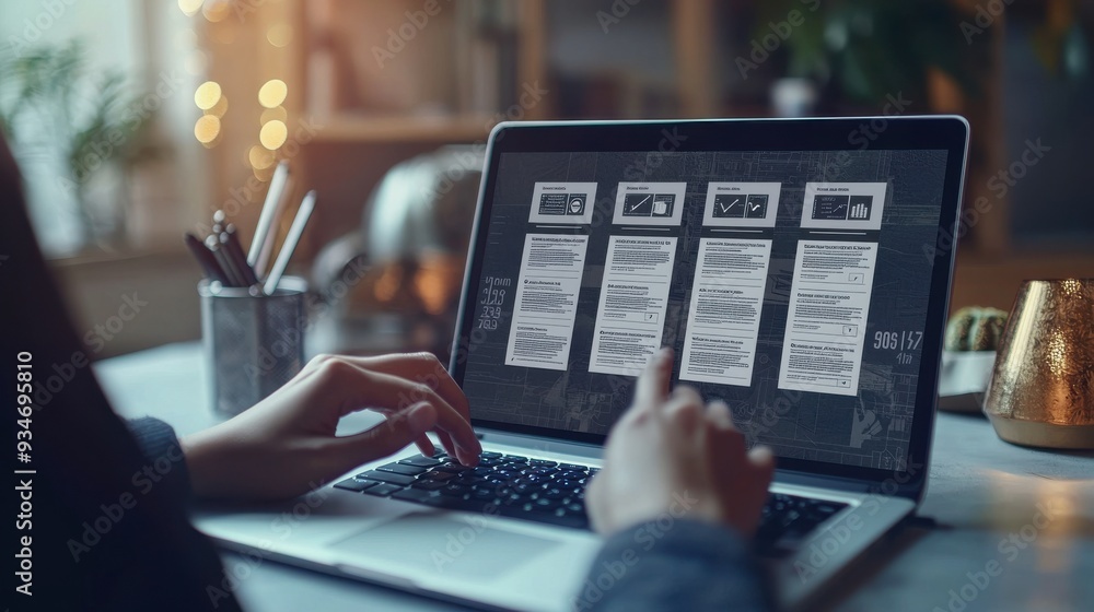 Poster a person is typing on a laptop with a screen displaying four different images
