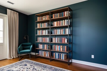 Fototapeta premium Modern Metal Bookshelf Displaying Organized Books in a Functional Study Interior