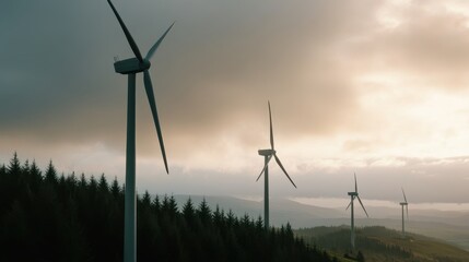 Obraz premium Scenic Landscape with Wind Turbines at Sunset in a Forested Area with Rolling Hills and Dramatic Sky