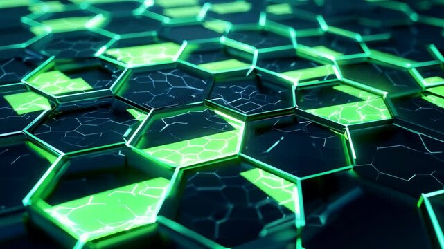 A striking arrangement of luminous green hexagons creates a captivating pattern against a sleek black background, offering a mesmerizing visual contrast and dynamic aesthetic.