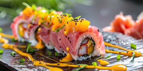 Sophisticated Tuna Tartare Sushi Roll Topped with Mango Sauce Ideal for Gourmet Dining and Culinary Artistry