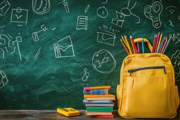 A bright yellow backpack with colorful pencils stands next to a stack of books. A chalkboard in the background displays school doodles. Perfect for education themes. Generative AI