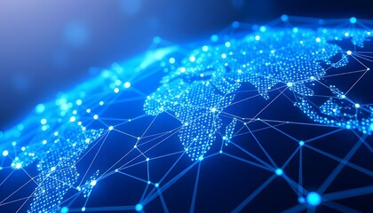 Digital blue technology world map centered on Asia, globally connected with wire communication, networking satellite, modern dynamic geography