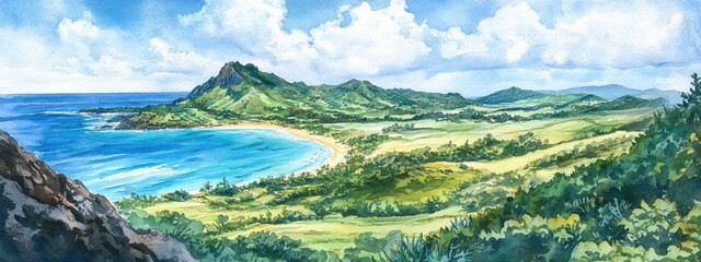 Fototapeta premium Watercolor illustration of a high peak on an island showcasing a panoramic view of the surrounding landscape featuring vibrant emerald waters sandy beaches and lush green fields