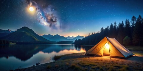 Serene camping night scene with minimalist design for decor and covers, camping, night, serene, minimalist,decor, covers