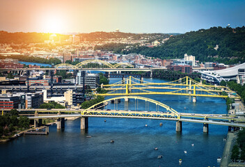 Bridges across the Allegheny River in Pittsburgh Pennsylvania with sunlight background