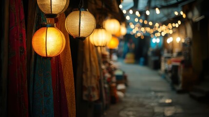 Fototapeta premium Traditional Asian Market Alley with Hanging Lanterns and String Lights at Dusk