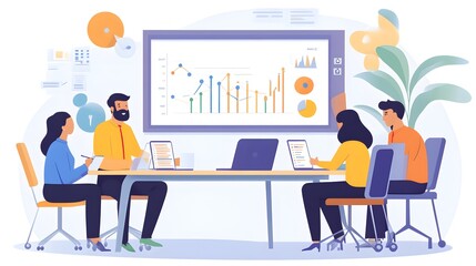 A team of product managers collaborates around a conference table, analyzing a Gantt chart displayed on a projector screen, with charts and graphs visible