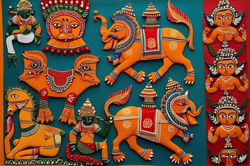 Fototapeta premium Vibrant Traditional Gond Folk Art from India Showcasing Mythical Creatures