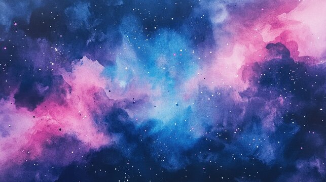 Watercolor illustration featuring a starry background with neon blue and pink hues
