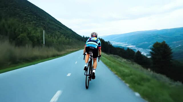 A man pedals his bicycle along the road, enjoying the fresh air and the rhythm of the ride while surrounded by the scenery of the open landscape.