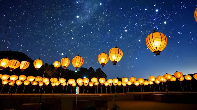Numerous lanterns illuminate the night sky, casting a warm and enchanting glow that transforms the atmosphere into a magical wonderland filled with light.