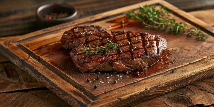 Steak on a rustic wooden cutting board in a steakhouse
