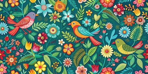 Fototapeta premium Floral and bird pattern with vibrant colors, floral, bird, pattern, nature, design, colorful, vibrant, garden, spring