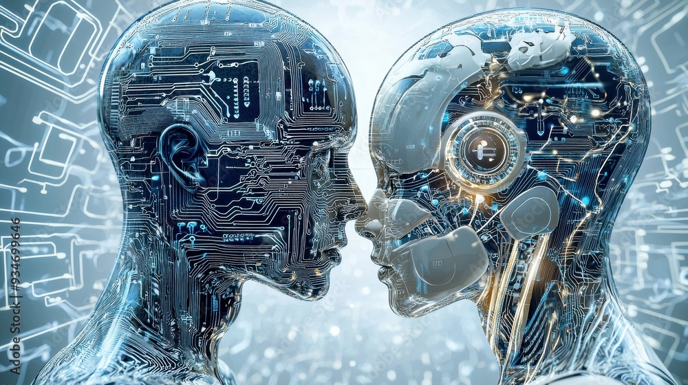 Poster two robots with their faces touching each other