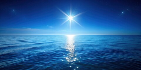 Obraz premium of a peaceful blue sea water and clear blue sky with a shining star at night, blue, sea, water, sky, star, night, peaceful, tranquil